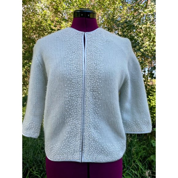 Vintage Angora Seed bead Light Blue Knit Sweater cardigan Hong Kong Medium - Picture 1 of 16